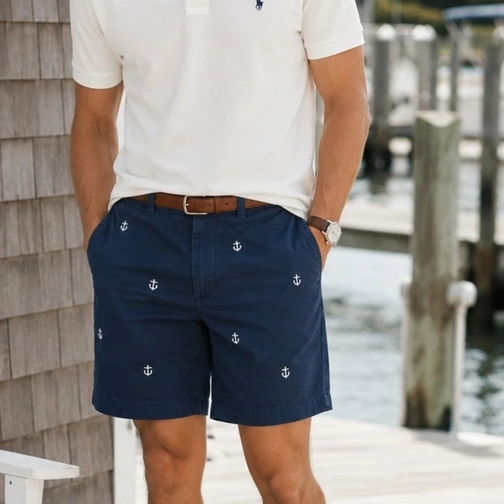 J.Crew 31 Chino Shorts Navy Blue Embroidered Anchor 92063 Nautical Preppy Mens